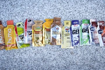 Energy Gels laid out on a table.